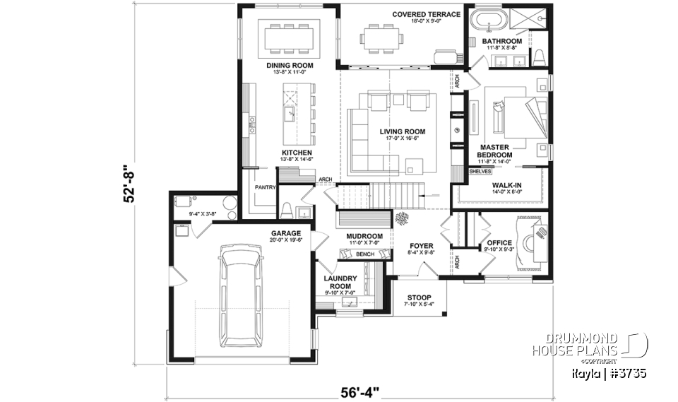 1st level - Classic style home plan with master suite on main floor, total 3 beds + home office - Kayla