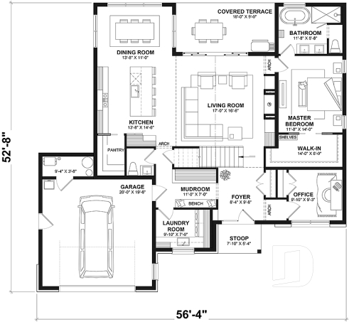 1st level - Classic style home plan with master suite on main floor, total 3 beds + home office - Kayla