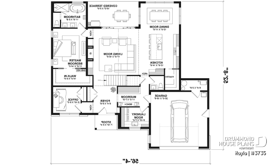 1st level - Classic style home plan with master suite on main floor, total 3 beds + home office - Kayla