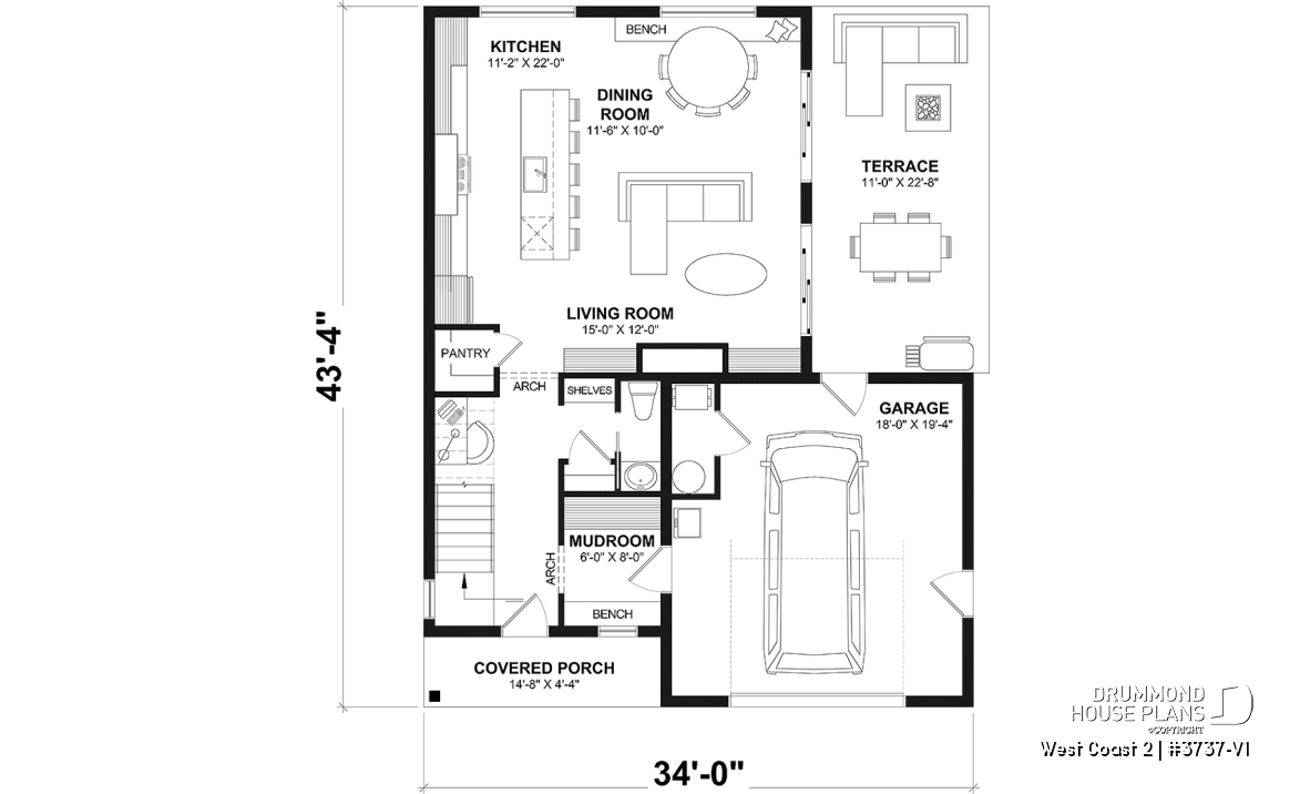 1st level - House plan with 3 bedrooms and bathroom upstairs, superb kitchen island, office area, cloakroom - West Coast 2