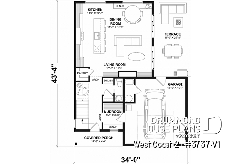 1st level - House plan with 3 bedrooms and bathroom upstairs, superb kitchen island, office area, cloakroom - West Coast 2