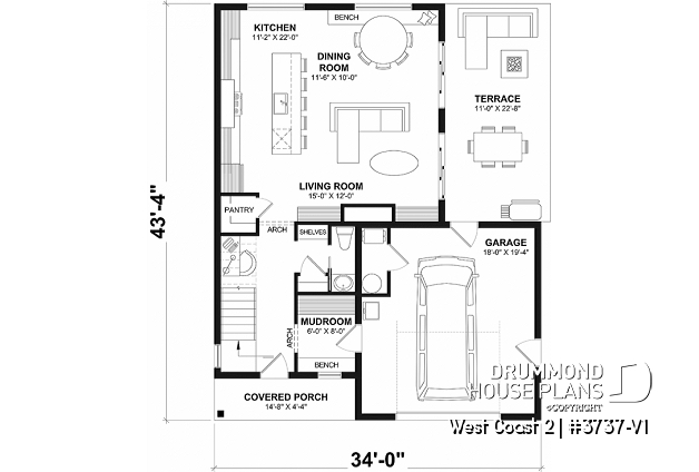 1st level - House plan with 3 bedrooms and bathroom upstairs, superb kitchen island, office area, cloakroom - West Coast 2