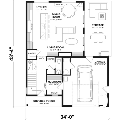 1st level - House plan with 3 bedrooms and bathroom upstairs, superb kitchen island, office area, cloakroom - West Coast 2