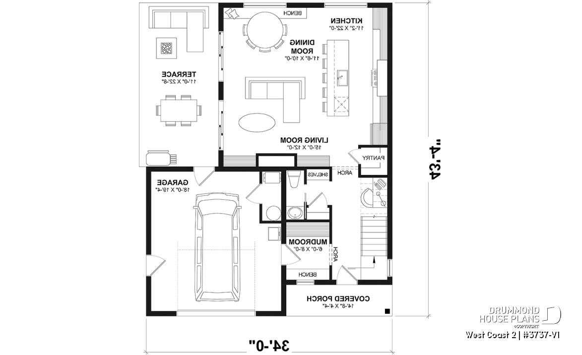 1st level - House plan with 3 bedrooms and bathroom upstairs, superb kitchen island, office area, cloakroom - West Coast 2