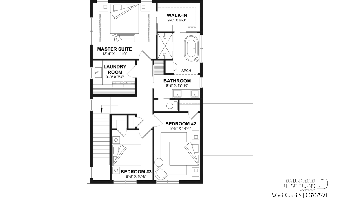 2nd level - House plan with 3 bedrooms and bathroom upstairs, superb kitchen island, office area, cloakroom - West Coast 2