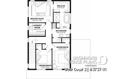 2nd level - House plan with 3 bedrooms and bathroom upstairs, superb kitchen island, office area, cloakroom - West Coast 2