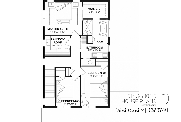 2nd level - House plan with 3 bedrooms and bathroom upstairs, superb kitchen island, office area, cloakroom - West Coast 2