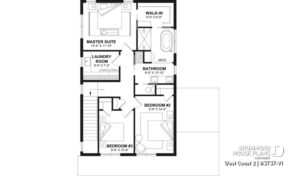 2nd level - House plan with 3 bedrooms and bathroom upstairs, superb kitchen island, office area, cloakroom - West Coast 2