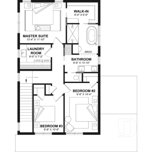 2nd level - House plan with 3 bedrooms and bathroom upstairs, superb kitchen island, office area, cloakroom - West Coast 2