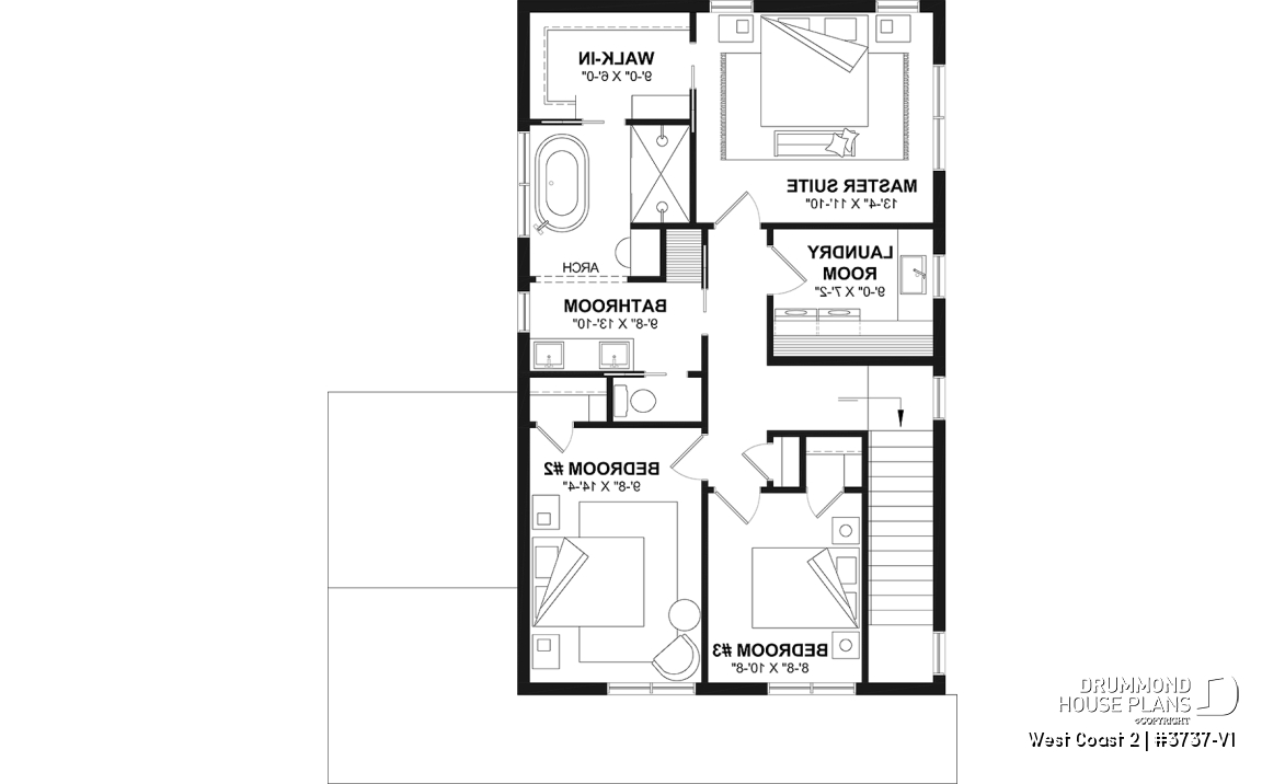 2nd level - House plan with 3 bedrooms and bathroom upstairs, superb kitchen island, office area, cloakroom - West Coast 2