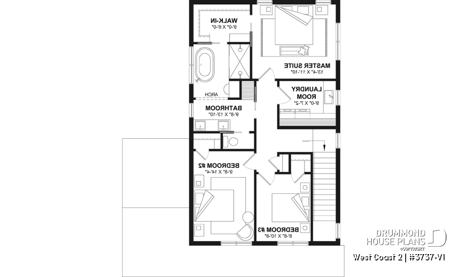 2nd level - House plan with 3 bedrooms and bathroom upstairs, superb kitchen island, office area, cloakroom - West Coast 2