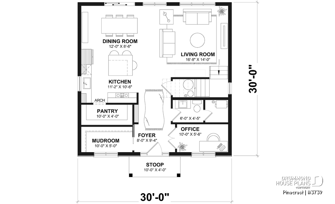 1st level - Economical Rustic Modern 2-story house plan offering 3 bedrooms, office, large walk-in coat closet and pantry - Pinecrest
