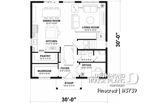 1st level - Economical Rustic Modern 2-story house plan offering 3 bedrooms, office, large walk-in coat closet and pantry - Pinecrest