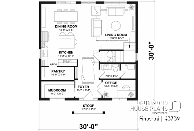 1st level - Economical Rustic Modern 2-story house plan offering 3 bedrooms, office, large walk-in coat closet and pantry - Pinecrest