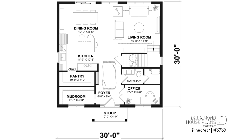 1st level - Economical Rustic Modern 2-story house plan offering 3 bedrooms, office, large walk-in coat closet and pantry - Pinecrest