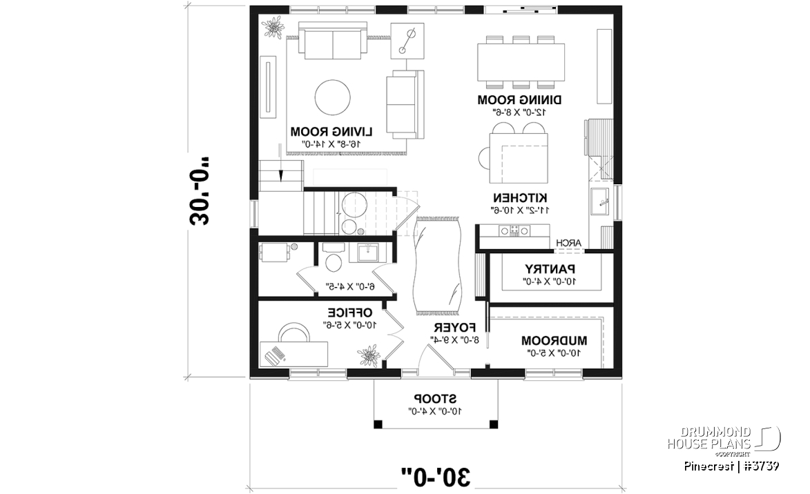 1st level - Economical Rustic Modern 2-story house plan offering 3 bedrooms, office, large walk-in coat closet and pantry - Pinecrest