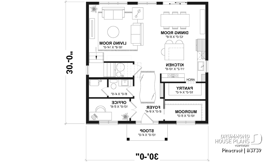 1st level - Economical Rustic Modern 2-story house plan offering 3 bedrooms, office, large walk-in coat closet and pantry - Pinecrest