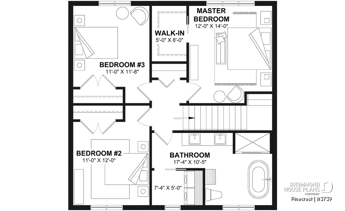 2nd level - Economical Rustic Modern 2-story house plan offering 3 bedrooms, office, large walk-in coat closet and pantry - Pinecrest