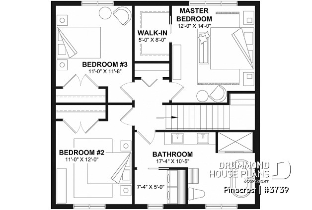 2nd level - Economical Rustic Modern 2-story house plan offering 3 bedrooms, office, large walk-in coat closet and pantry - Pinecrest