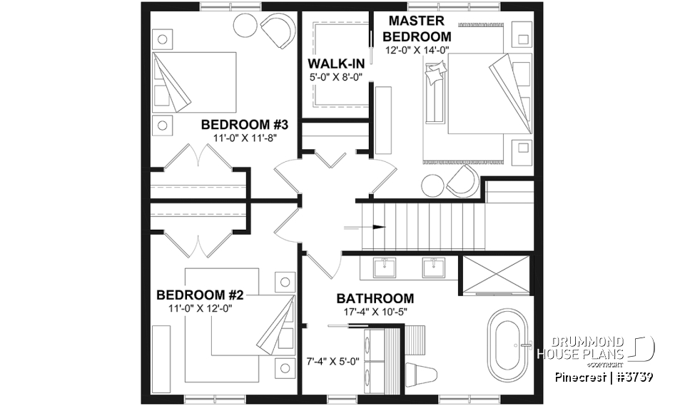 2nd level - Economical Rustic Modern 2-story house plan offering 3 bedrooms, office, large walk-in coat closet and pantry - Pinecrest
