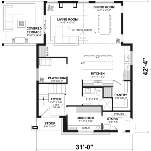 1st level - Slab foundation - Two-story Classic style home, open area and games room on the ground floor, 3 bedrooms - Whitehill