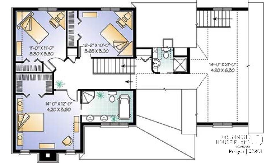 2nd level - 3 bedroom 2 storey house plan with garage, formal dining room, TV room, breakfast nook - Prague
