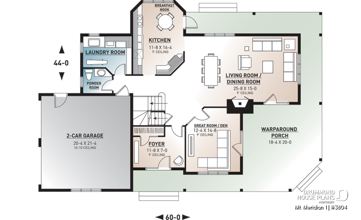 1st level - 3 bedroom waterfront cottage house plan with wraparound porch, large master suite, breakfast nook - Mt. Meridian 1