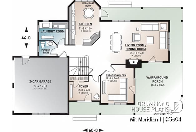1st level - 3 bedroom waterfront cottage house plan with wraparound porch, large master suite, breakfast nook - Mt. Meridian 1