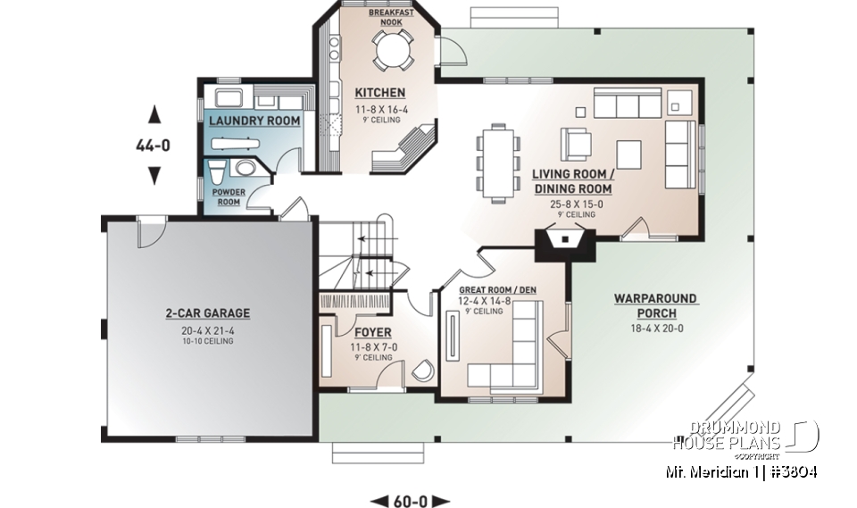 1st level - 3 bedroom waterfront cottage house plan with wraparound porch, large master suite, breakfast nook - Mt. Meridian 1