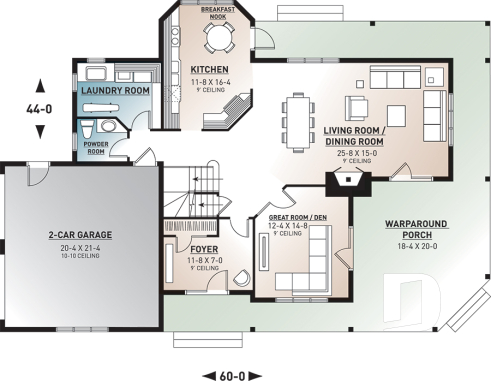 1st level - 3 bedroom waterfront cottage house plan with wraparound porch, large master suite, breakfast nook - Mt. Meridian 1