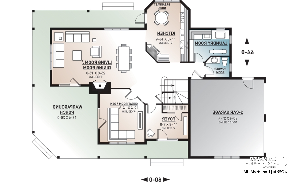 1st level - 3 bedroom waterfront cottage house plan with wraparound porch, large master suite, breakfast nook - Mt. Meridian 1