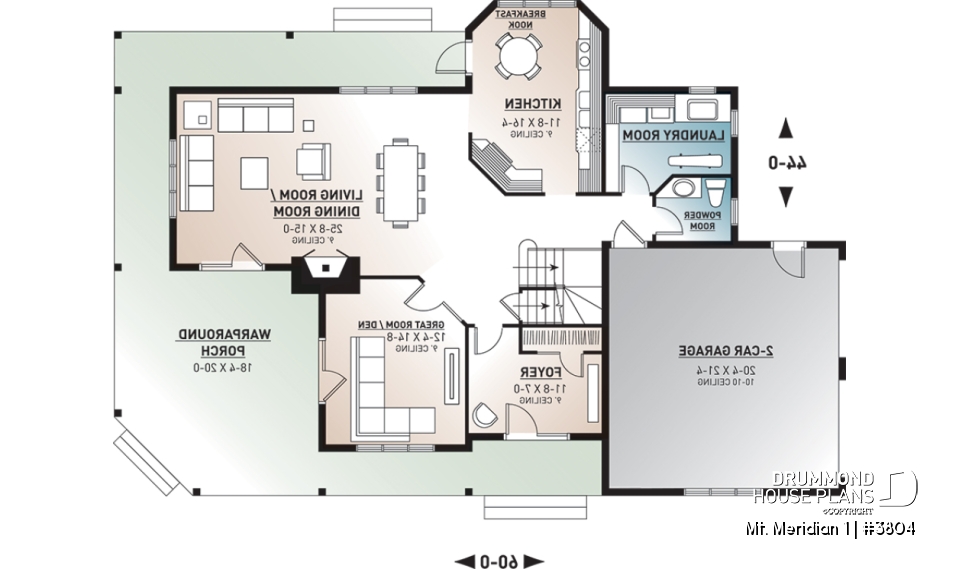 1st level - 3 bedroom waterfront cottage house plan with wraparound porch, large master suite, breakfast nook - Mt. Meridian 1