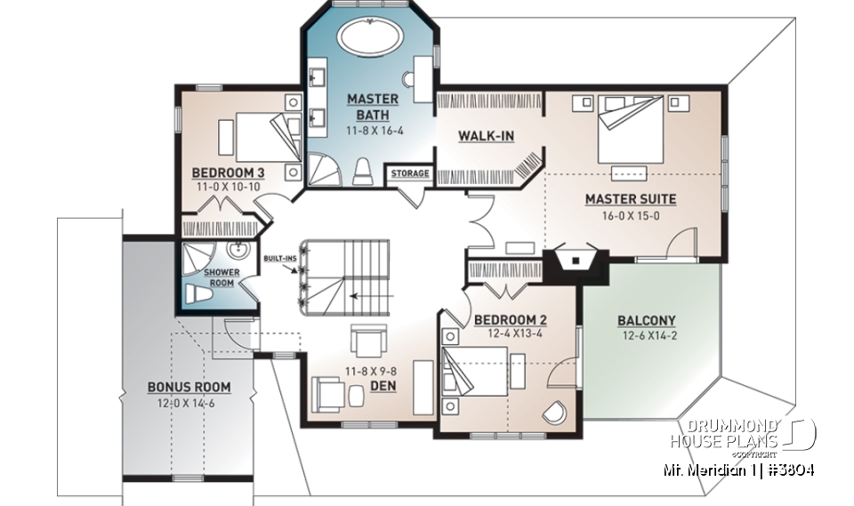 2nd level - 3 bedroom waterfront cottage house plan with wraparound porch, large master suite, breakfast nook - Mt. Meridian 1