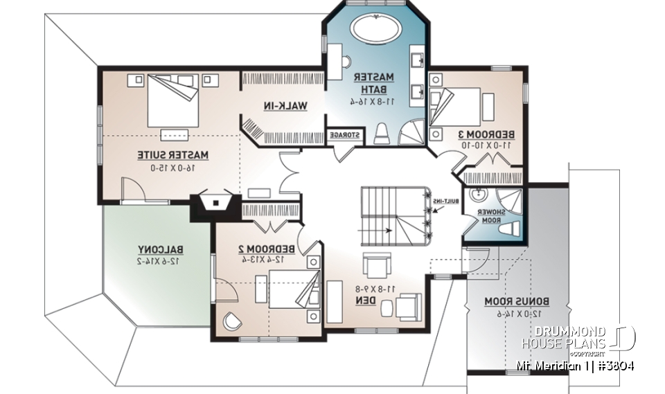 2nd level - 3 bedroom waterfront cottage house plan with wraparound porch, large master suite, breakfast nook - Mt. Meridian 1