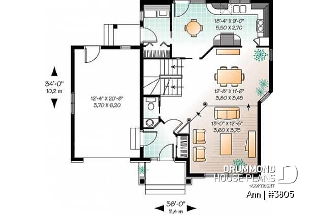 1st level - English inspired house design, 3 bedrooms, breakfast nook, master bedroom with walk-in, one-car garage - Ann
