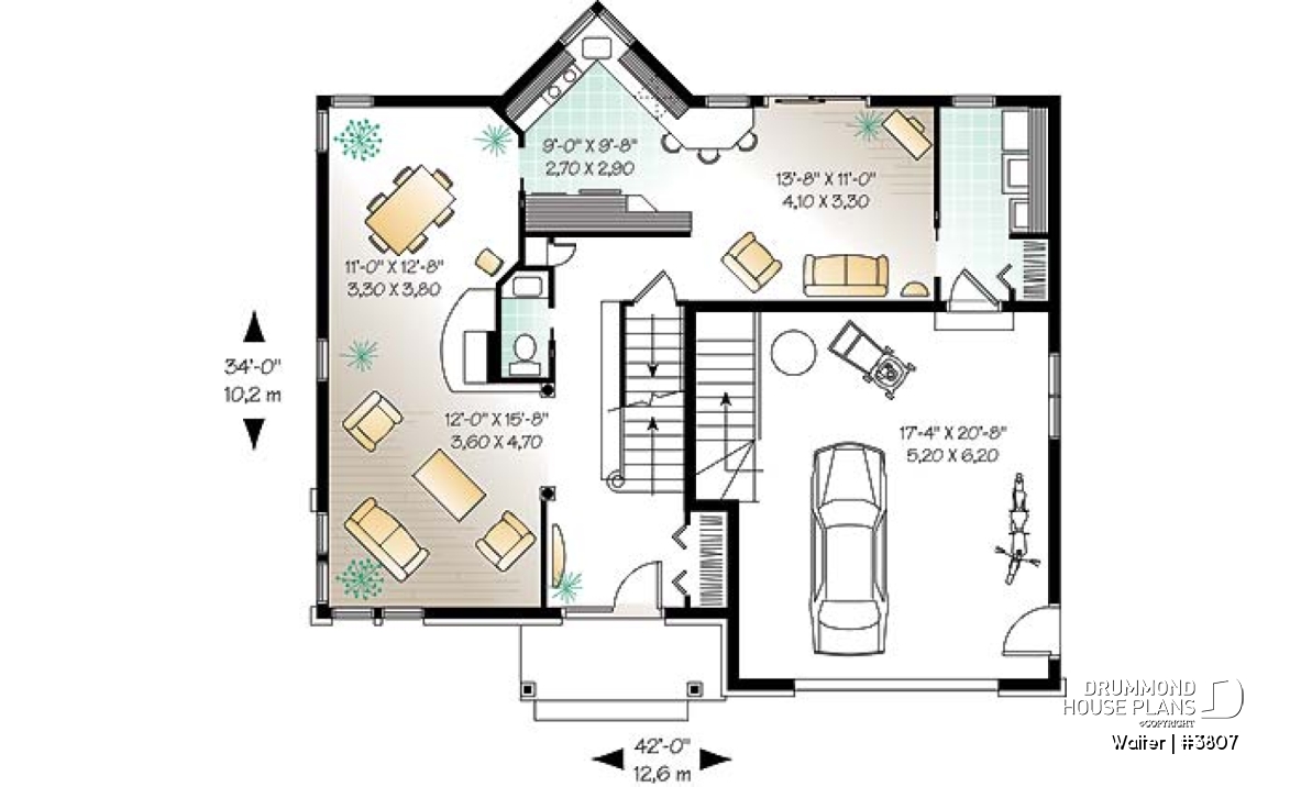 1st level - 2 storey 4 bedrooms house plan with 2-car garage, fireplace - Walter