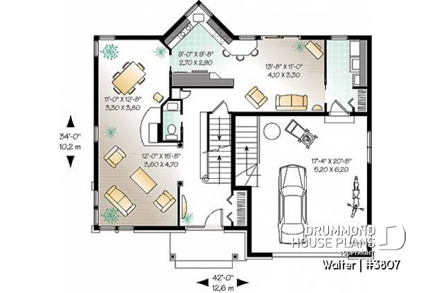 1st level - 2 storey 4 bedrooms house plan with 2-car garage, fireplace - Walter