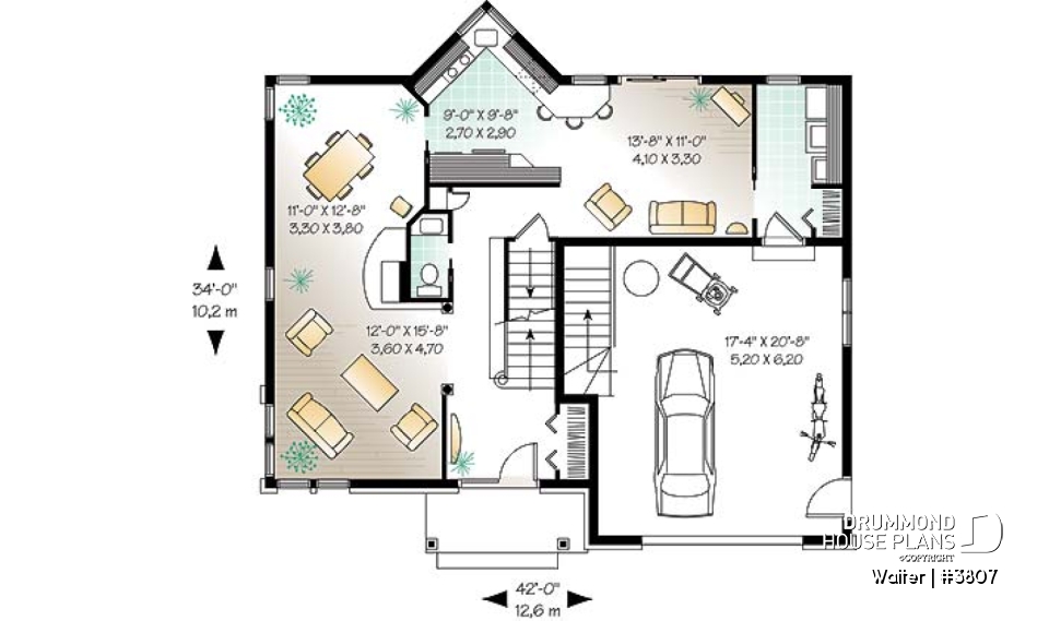 1st level - 2 storey 4 bedrooms house plan with 2-car garage, fireplace - Walter