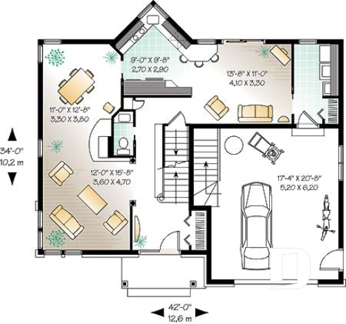 1st level - 2 storey 4 bedrooms house plan with 2-car garage, fireplace - Walter