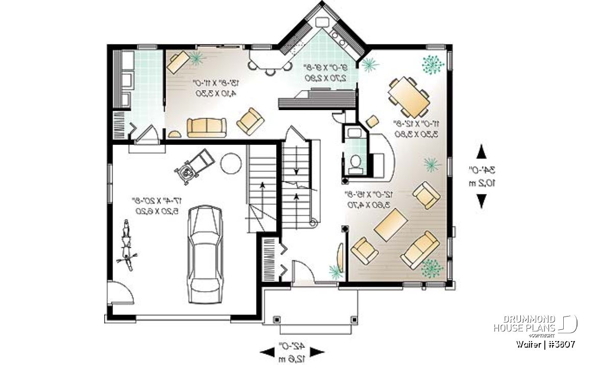 1st level - 2 storey 4 bedrooms house plan with 2-car garage, fireplace - Walter