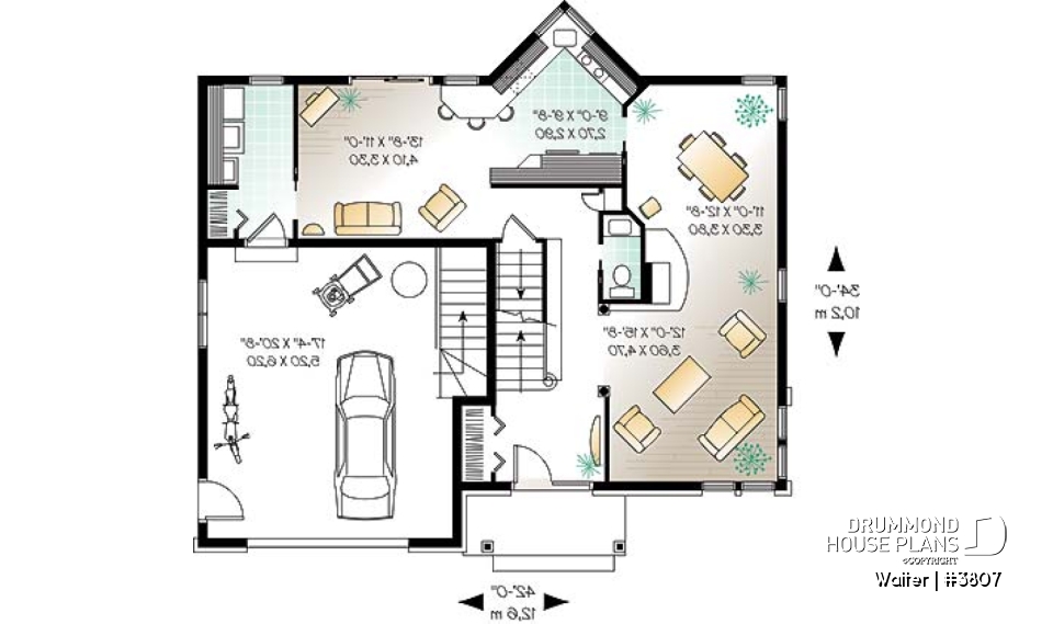 1st level - 2 storey 4 bedrooms house plan with 2-car garage, fireplace - Walter