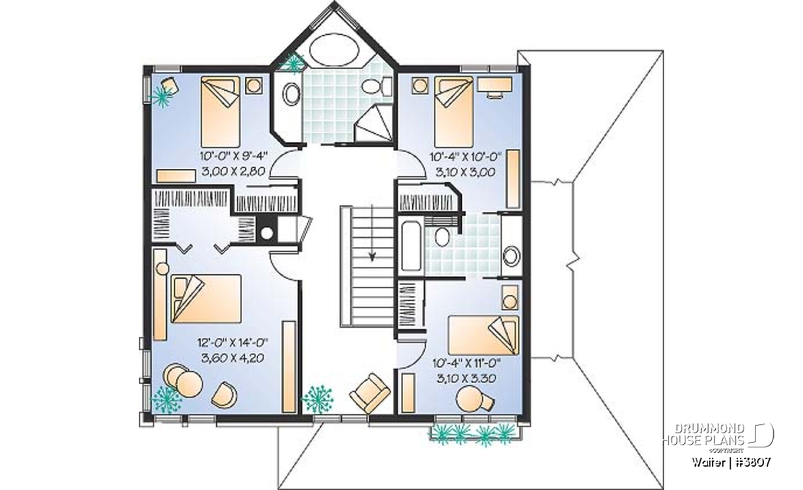 2nd level - 2 storey 4 bedrooms house plan with 2-car garage, fireplace - Walter