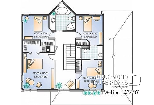 2nd level - 2 storey 4 bedrooms house plan with 2-car garage, fireplace - Walter