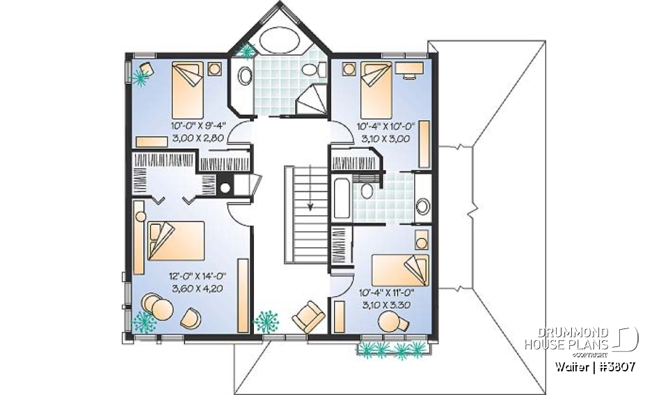 2nd level - 2 storey 4 bedrooms house plan with 2-car garage, fireplace - Walter