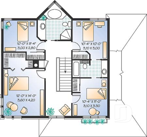2nd level - 2 storey 4 bedrooms house plan with 2-car garage, fireplace - Walter