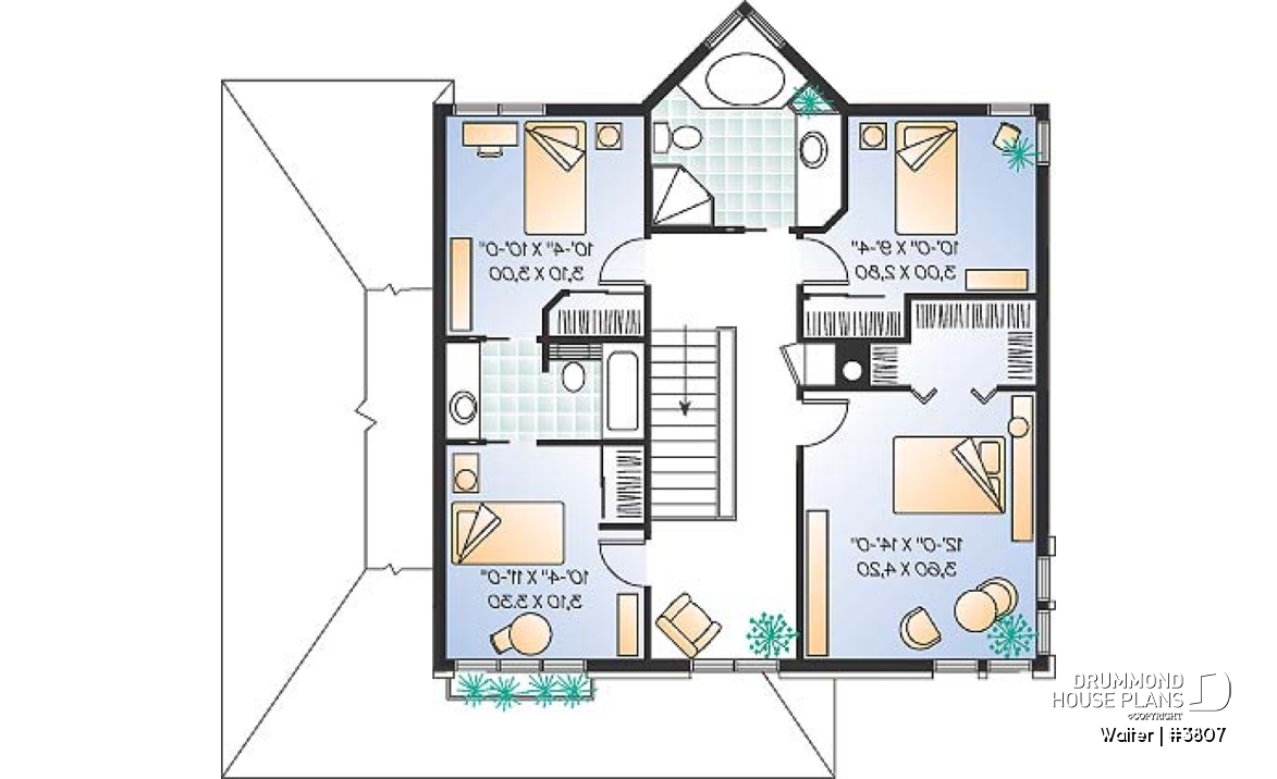 2nd level - 2 storey 4 bedrooms house plan with 2-car garage, fireplace - Walter