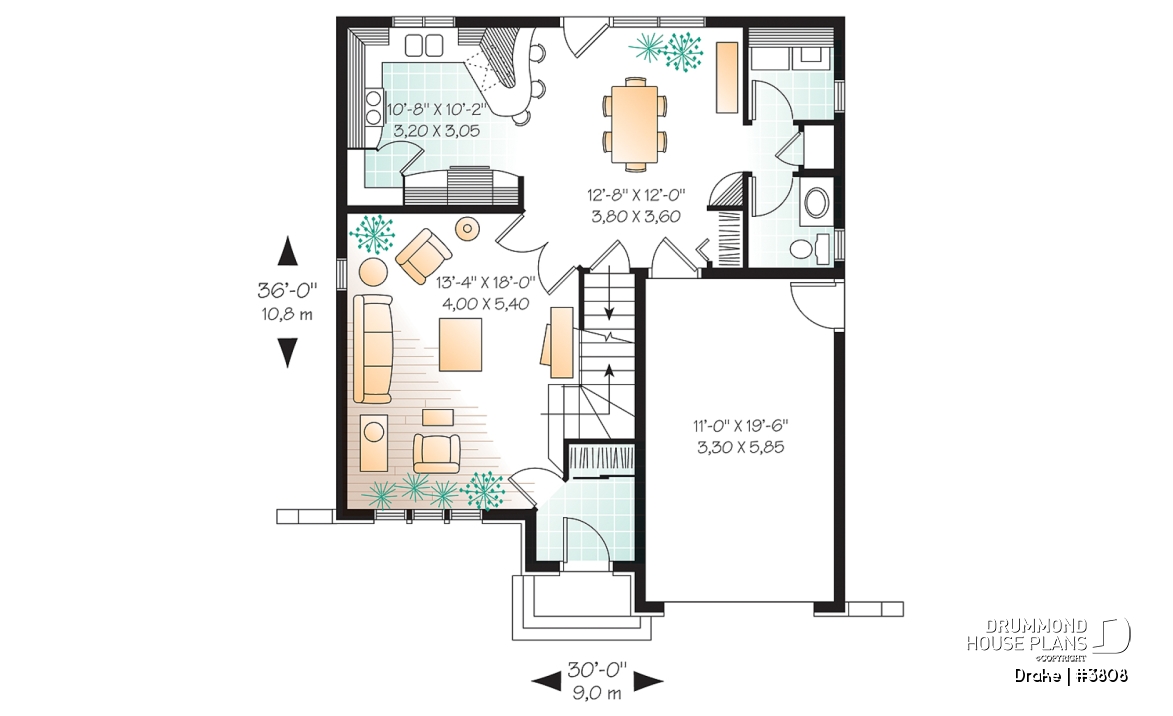 1st level - 3 bedroom 2-storey house plan with garage - Drake