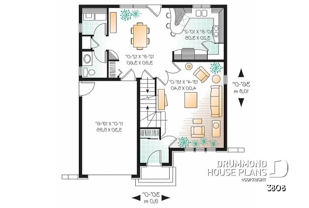 1st level - 3 bedroom 2-storey house plan with garage - Drake