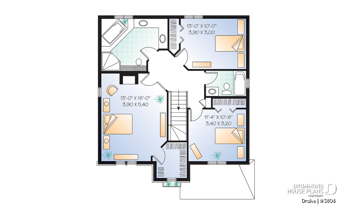 2nd level - 3 bedroom 2-storey house plan with garage - Drake