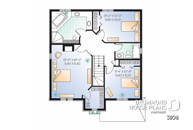 2nd level - 3 bedroom 2-storey house plan with garage - Drake